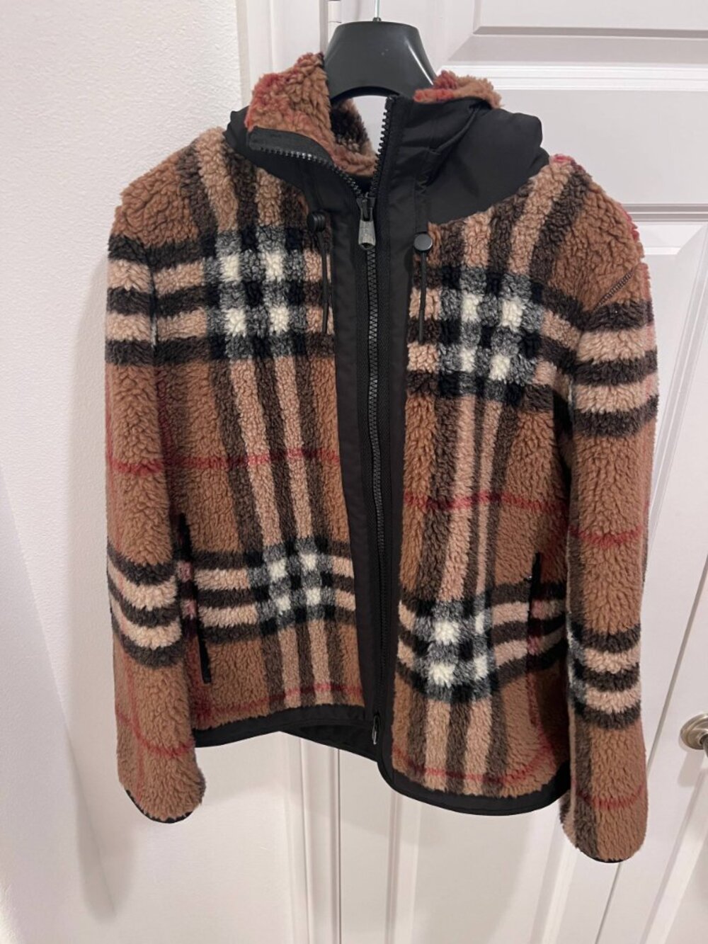 Burberry Adney Check Hooded Cashmere Teddy Jacket